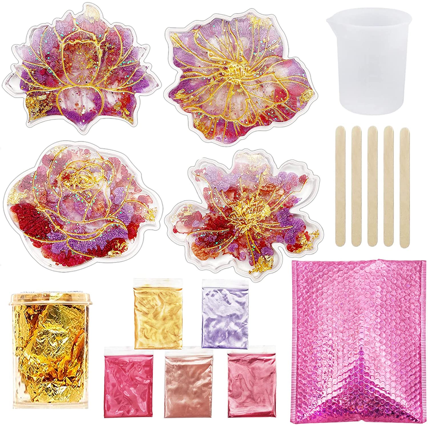 5Pcs Large Silicone Flower Coaster Resin Casting Molds Kit Epoxy